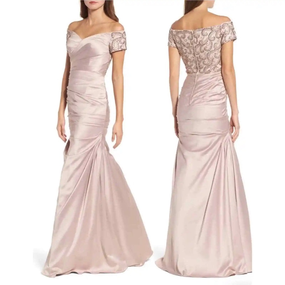La Femme Off The Shoulder Beaded Satin Trumpet Gown In Champagne